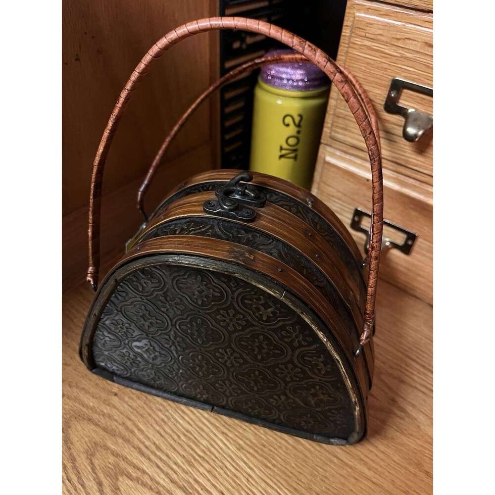 Rare Distinctive Vintage 1940s World War II-Era Wooden Box Bag Embossed Leather